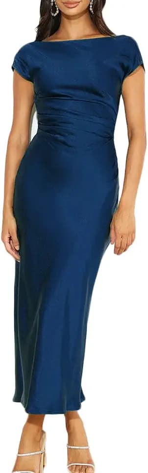 Gmeitoey 2023 Satin Cap Sleeve Cowl Back Summer Dresses for Women Elegant Ruched Waist Wedding Guest Midi Dress Emerald…