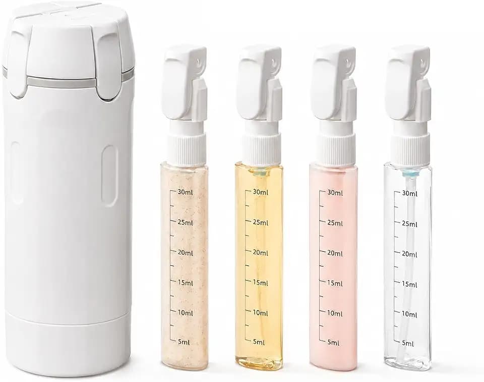 4 in 1 Travel Dispenser Bottle, Leak Proof Refillable Travel Toiletry Containers, Travel Bottles Set Meets TSA 3-1-1 Requirements for about 3 Days Business Trip (Per Person), 4 x 30ml, White