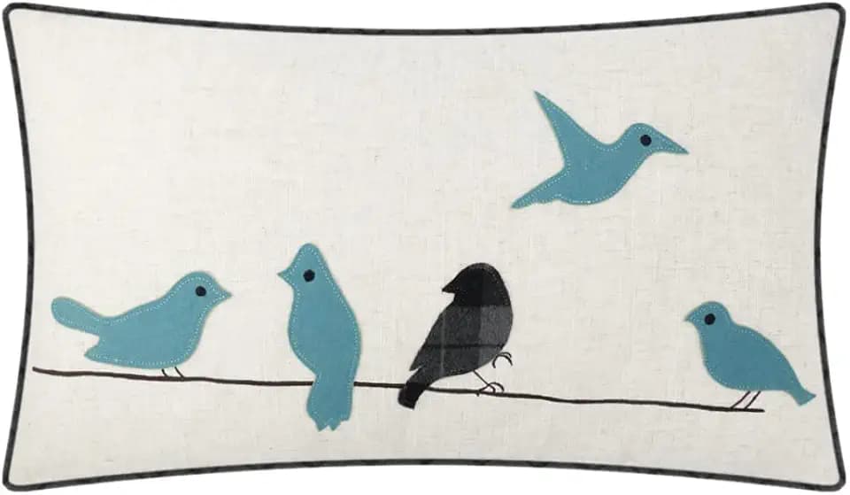 JWH Bird Throw Pillow Cover 14x24 Beige Turquoise Blue Grey