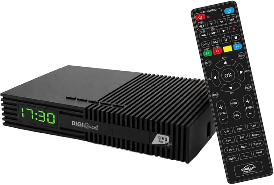 DIGIQUEST Tivùsat Decoder Ti9 mit inklusive Smartcard | Anschließen und sofort Fernsehen | Einfache Installation | 2-in-1-Fernbedienung | Aktivierbare Aufnahmefunktion | DVB-S2 | HDR10/HLG | Merlin