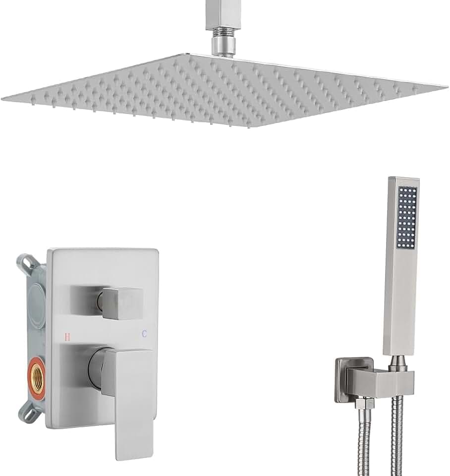 Brushed Nickel Shower System Bathroom 16 Inch Rain Shower Head Ceiling Mount with Handheld Luxury High Pressure Shower Combo Set Shower Faucet Rough-in Valve Body and Trim Kit