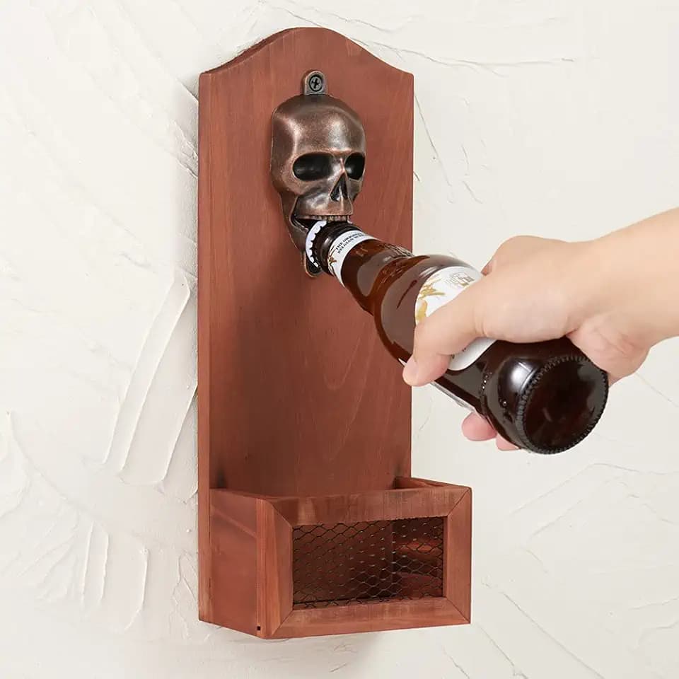 Skull Bottle Opener with Cap Collector Catcher, Vintage Wooden Wall Mounted Bottle Opener,Ideal Gift for Men and Beer Lovers, Use as Bar Decoration.