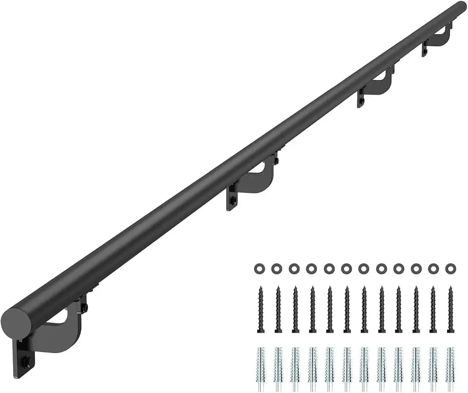 VEVOR Wall Mounted Stair Handrail, 10ft Pipe Staircase Handrail, Black Galvanized Aluminum, 1.26 inch Pipe Diameter, Indoor&Outdoor Staircase Railing,Industrial Hand Rail for Steps,Security Baluster