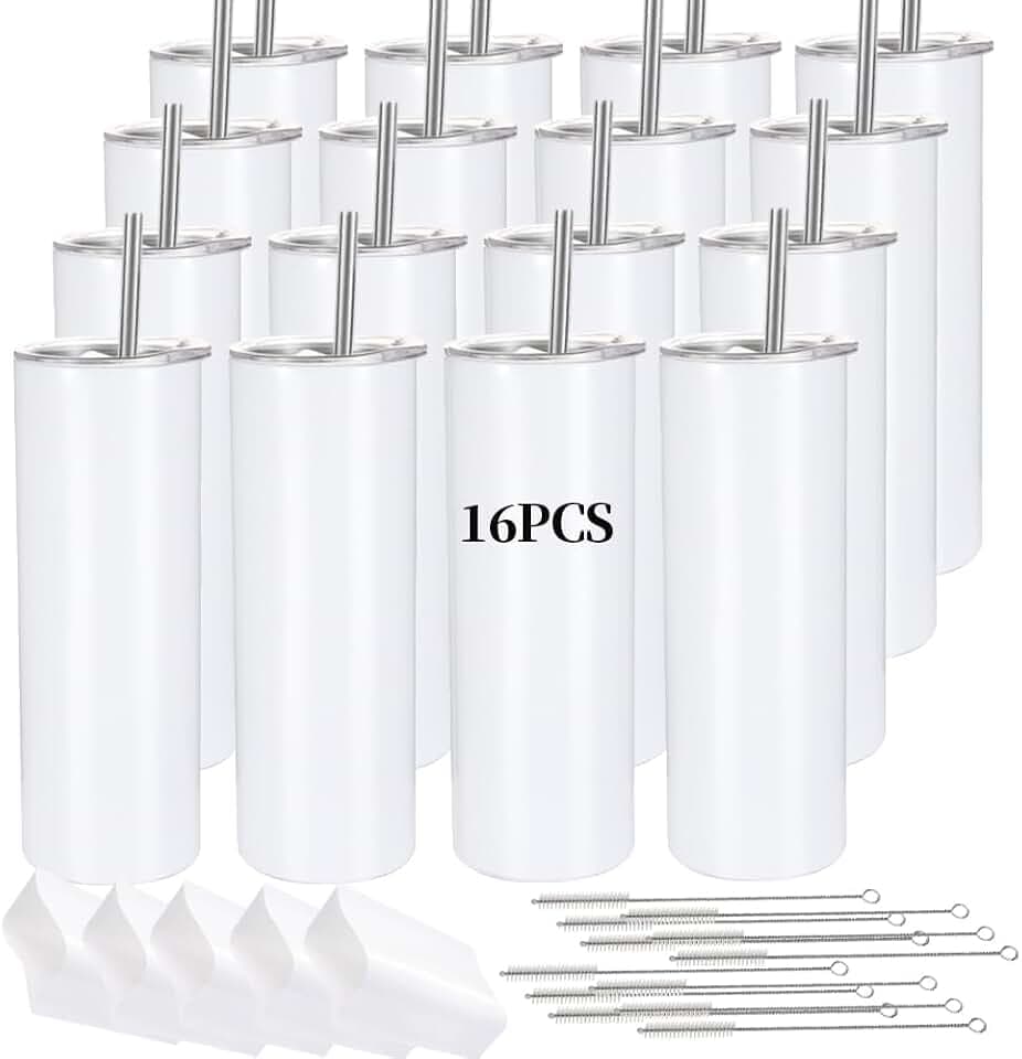 16 Pack Sublimation Tumblers Straight Skinny Tumbler Blanks Bulk 20oz for Heat Transfer, Individual Gift Boxed, Double Wall Insulated Tumbler with Shrink Wrap & Straws