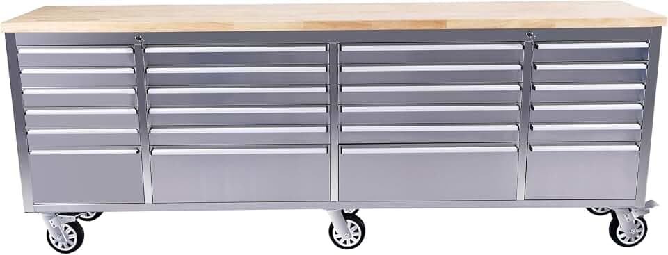 IDEALHOUSE 96 inch Rolling Tool Chest, Garage Workbench with 24 Drawers, Solid Rubber Wood Top & with Wheels Lock Key Locking, Mobile Workstation Tool Cabinet for Workshop Storage