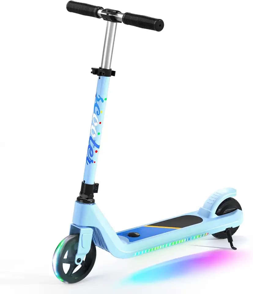 LINGTENG Electric Scooter for Kids Age of 6-9, Kick-Start Boost Scooter with Adjustable Speed and Height, Flash Wheel & Deck Lights