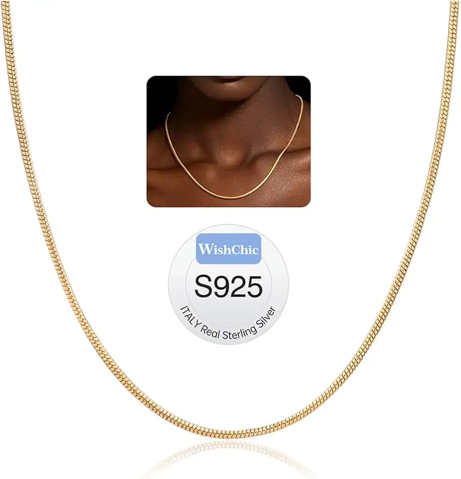 18k Gold Plated Sterling Silver Snake chain Necklace for Women, 925 Silver 1.5mm Cable Snake chain Necklace Thin & Dainty & Sturdy Wear Special Occasions & Gifts,14/16/17/18/20/22/24 Inches