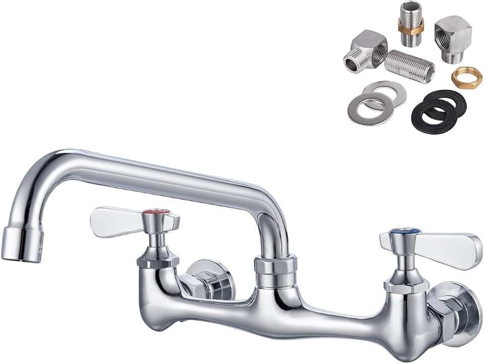 Lead-Free 8" Center Wall Mount 3 Compartment Sink Faucet - 8" Swivel Spout