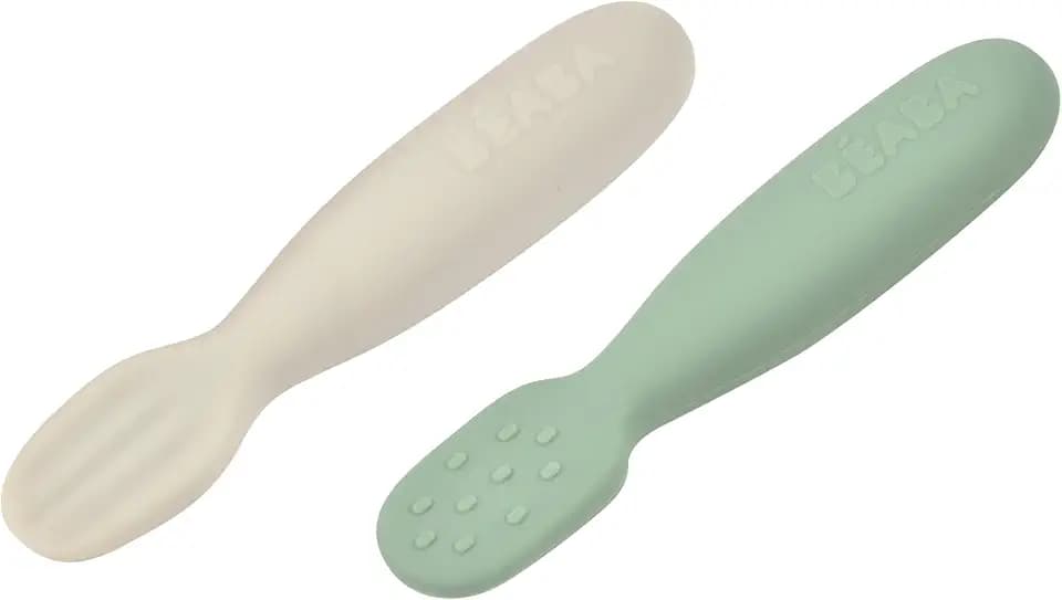 BEABA Set of 2 Silicone Pre-Spoons, For Babies 4-8 Months, Ultra-Soft Silicone Spoons to Help with Self Feeding, Designed with Specialist, Baby Utensils, Sage/Grey