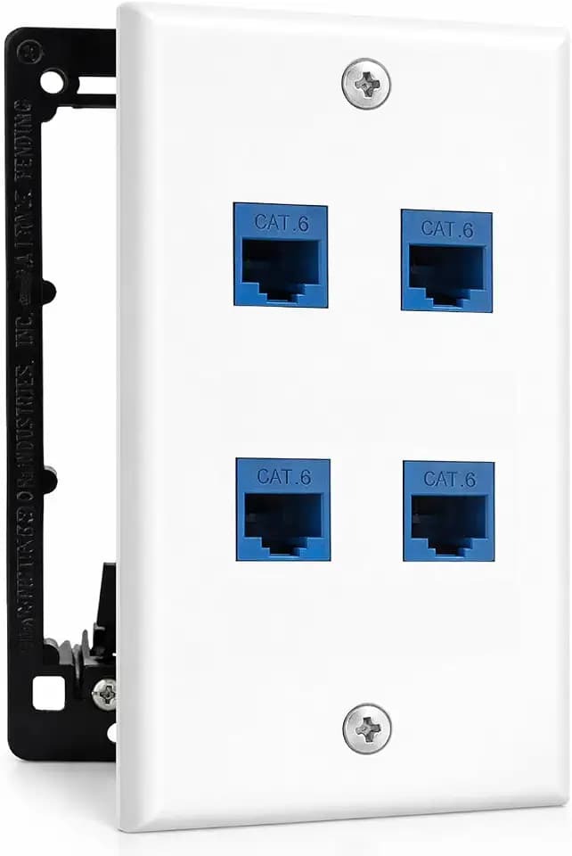 DIYTECH 4 Port Ethernet Wall Plate, Cat 6, Wall Outlet, RJ45 Female to Female Keystone Jacks - White