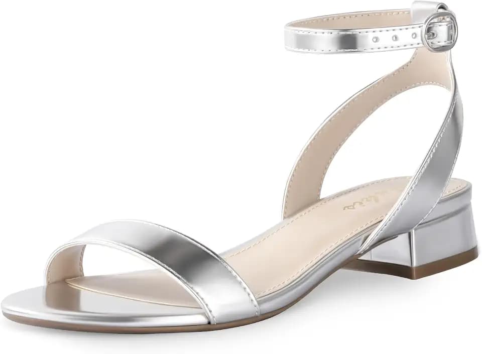 Ankis Women Nude White Gold Black Sandals Open Toe 1 Inch Low Block Heel