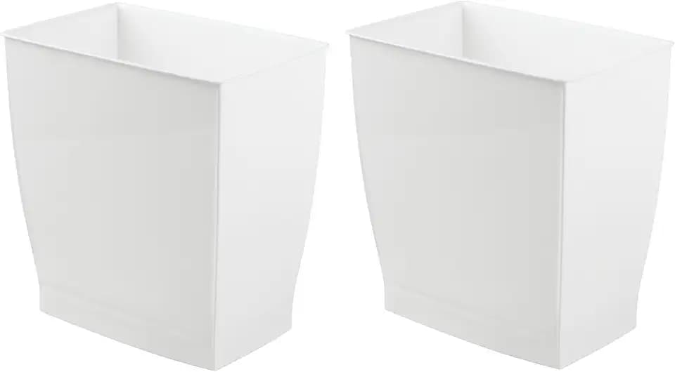 iDesign Small Plastic Bathroom Trash Can, Slim Rectangle, 2-Pack, White