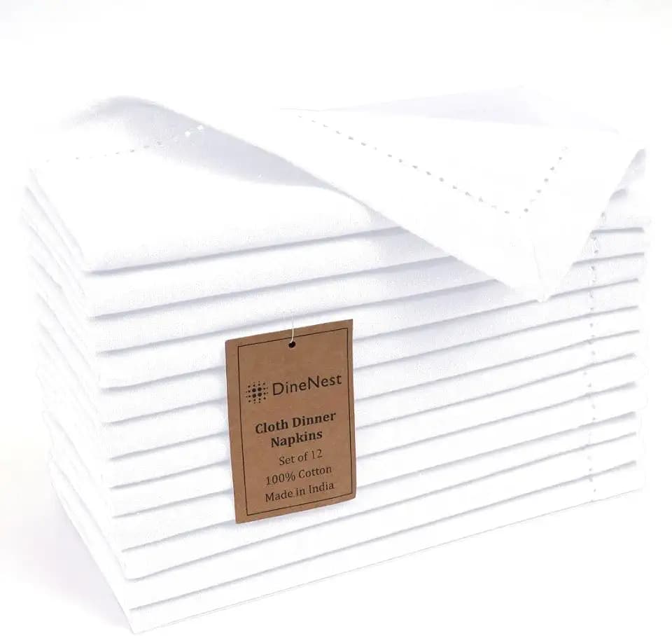 Hemstitch Dinner Napkins 100% Cotton Set of 12 - for Dining Weddings Parties Restaurants Holidays Easter Everyday Use - Soft Durable Washable Table Napkins - 18x18 Inch Cloth Napkins White