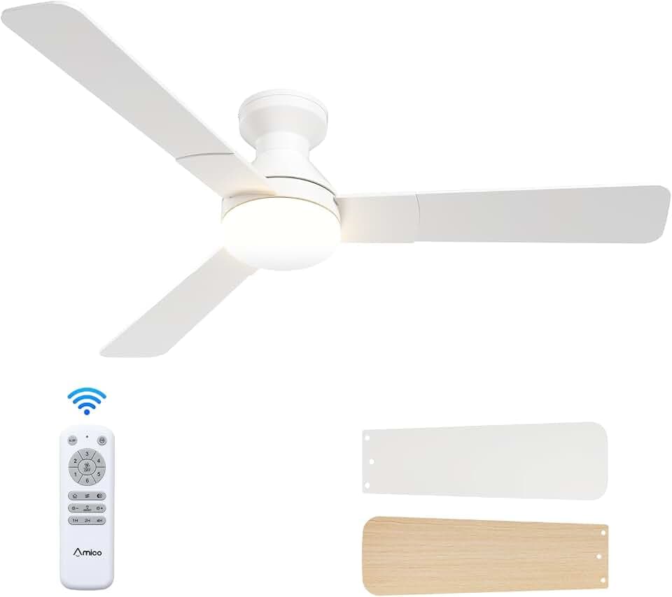 Amico 52 Inch White Low Profile Ceiling Fans with Lights and Remote