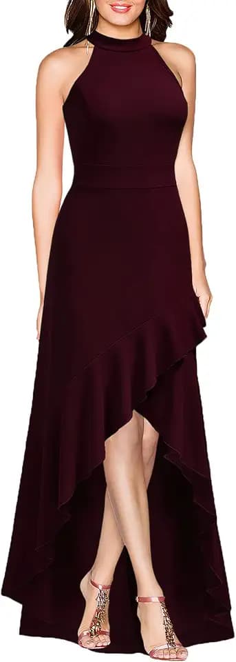 MUSHARE Women's Halter Neck Ruffle Split Bodycon Formal Evening Party Long Dress