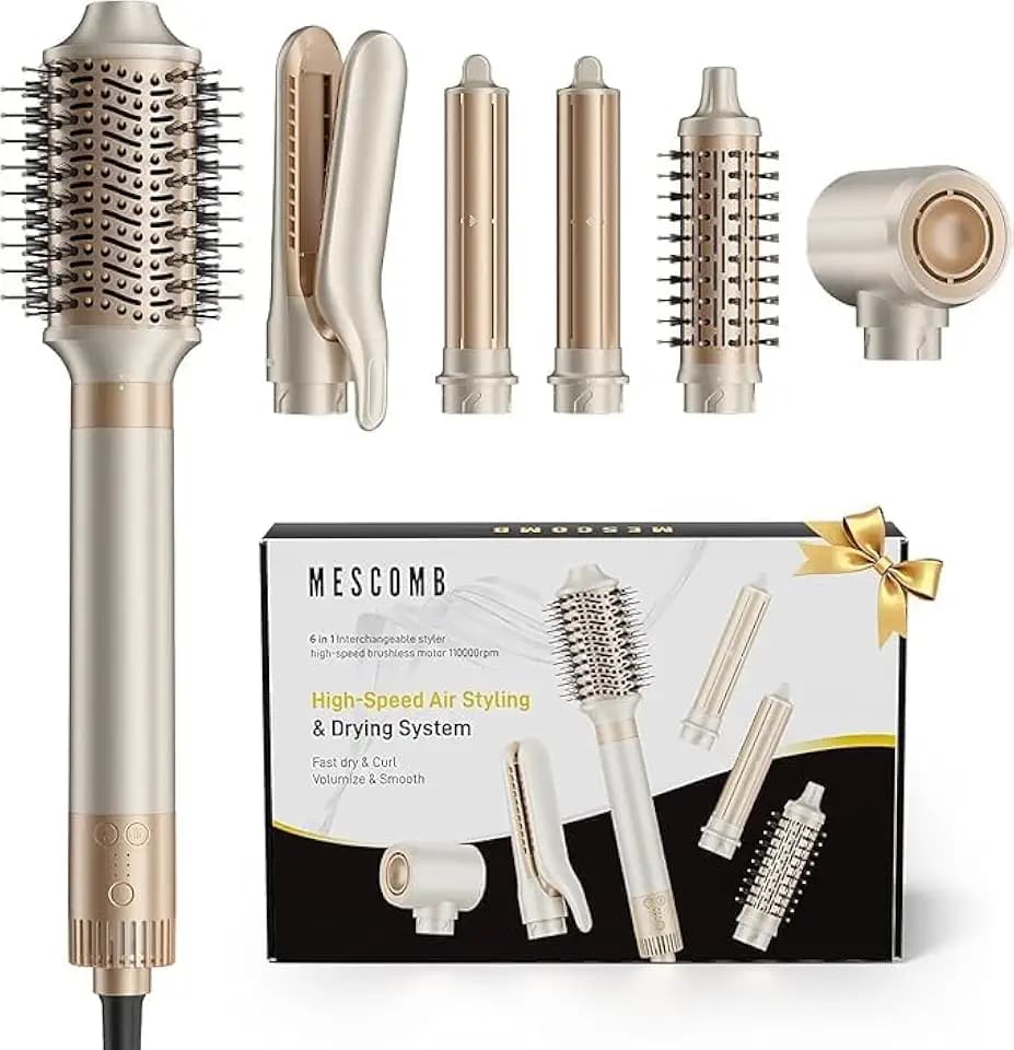 MESCOMB 6 in 1 Hair Dryer and Straightener, Hot Air Styler Wrap - Fast Drying, 1500W Air Dryer with Straightener, Frizz-Free Blowout Brush for Smoothing & Curling, Volumizing(Champagne)