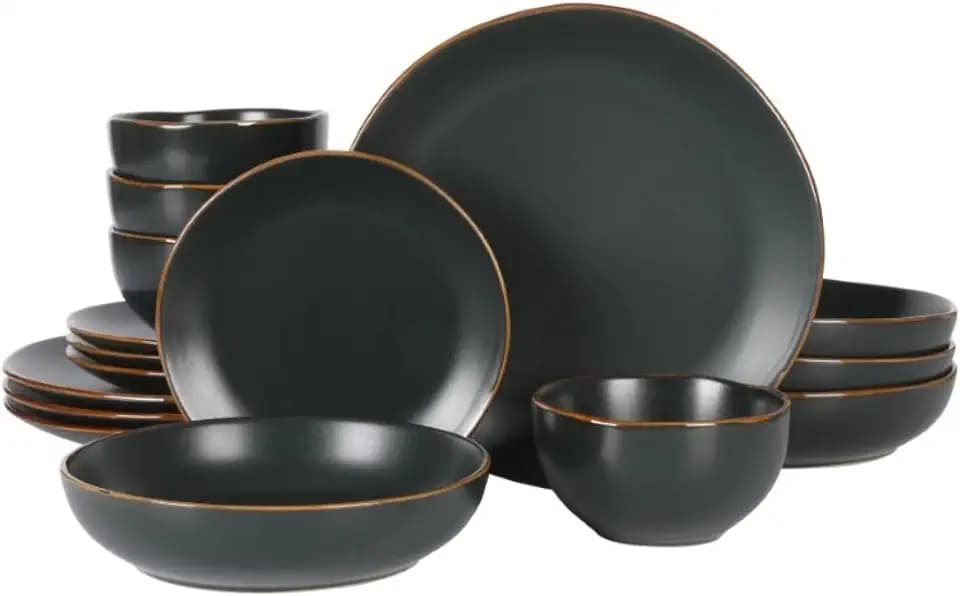Gibson Home Hazeltine 16-Piece Black Stoneware Dinnerware Set – Plates and Bowls, Durable Ceramic Kitchen Dinner Set