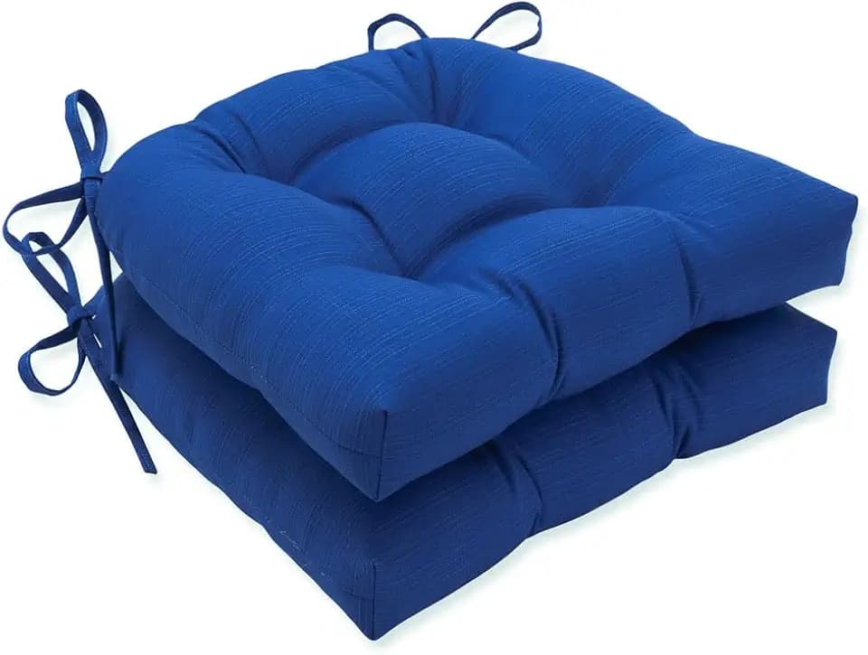 Pillow Perfect Fresco Solid Indoor/Outdoor Reversible Patio Chairpad with Ties Weather and Fade Resistant, 17" x 17.5", Blue, 2 Count