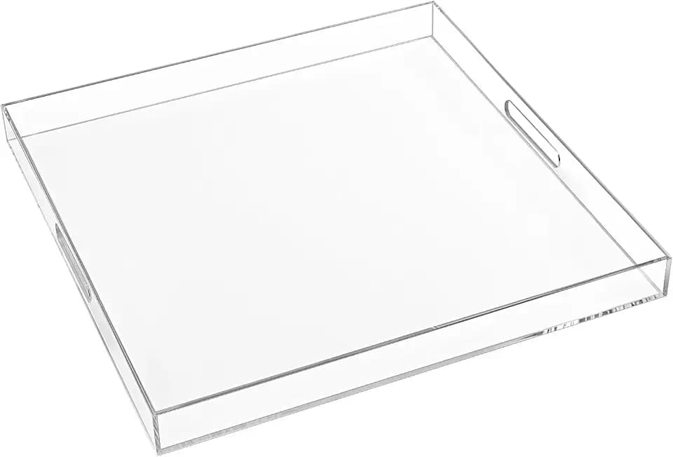 18×18 Inch Clear Acrylic Serving Tray with Handles Extra Large Ottoman Tray Decorative Tray Spill-Proof Coffee Table Space Saver Oversize Counter top Organizer Platter with Safe Edge