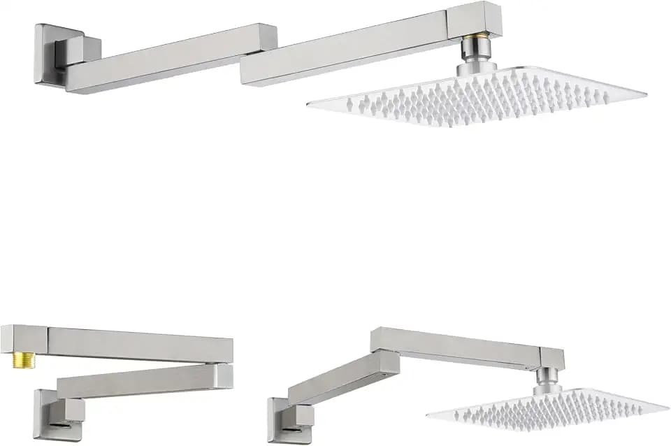 18.5 Inches Straight Extended Pivoting Shower Arm With Flange, Rain Shower Head Extension Arm, Square 360°Swiveling Foldable Shower Arm, Wall-Mounted Brushed Nickel Stainless Steel