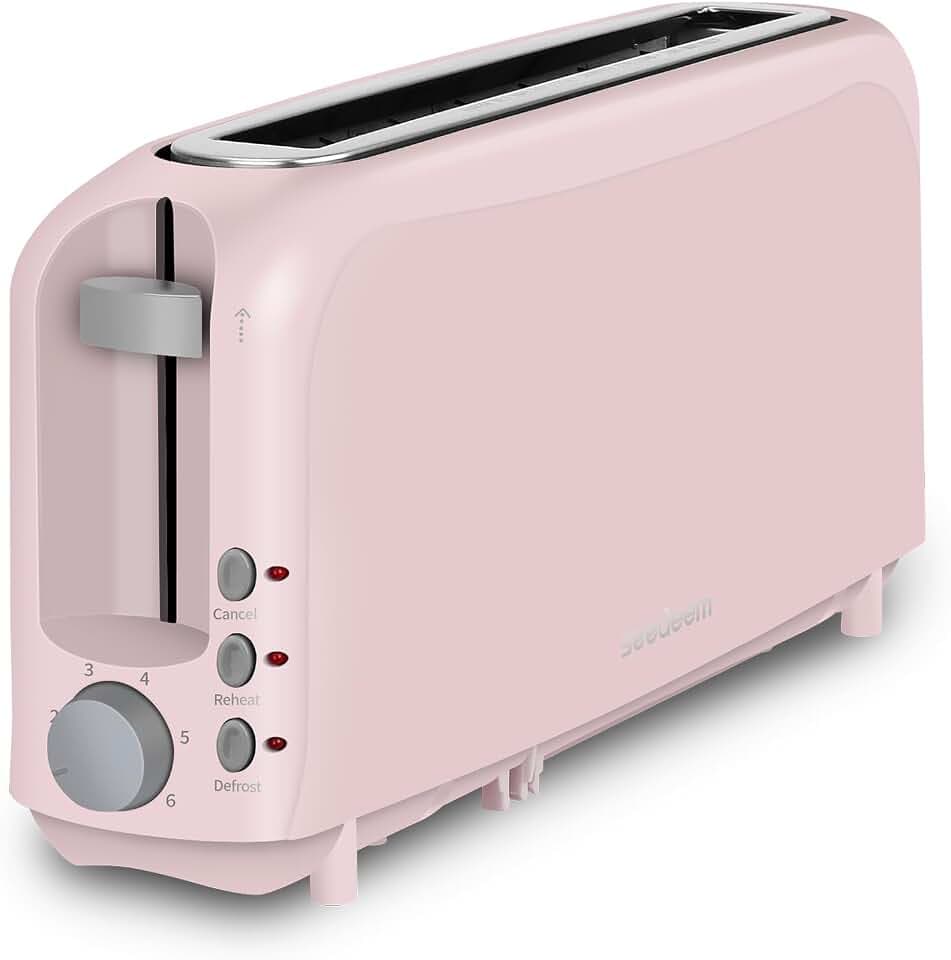 SEEDEEM 2-Slice Long Slot Toaster for Bagels & Artisan Bread, 10" Extra Wide Slim Design, 6 Toasting Shades, Cancel/Reheat/Defrost, Removable Crumb Tray, Auto Shut-Off, Pink