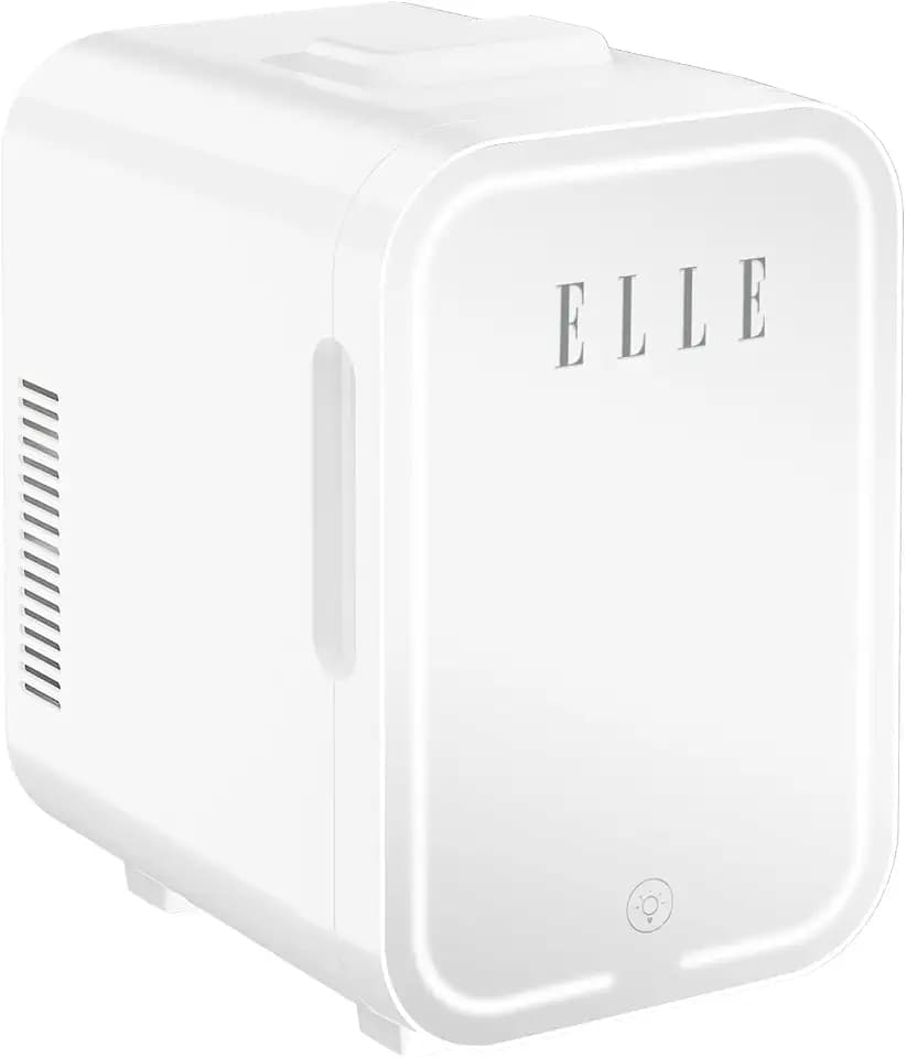 ELLE 8L Mini Cooler Fridge with LED Makeup Mirror for Skincare & Cosmetic Storage Cooler & Warmer Removable Shelf Carrying Handle AC DC Power Options Small Refrigerator for Bedroom Car Office White
