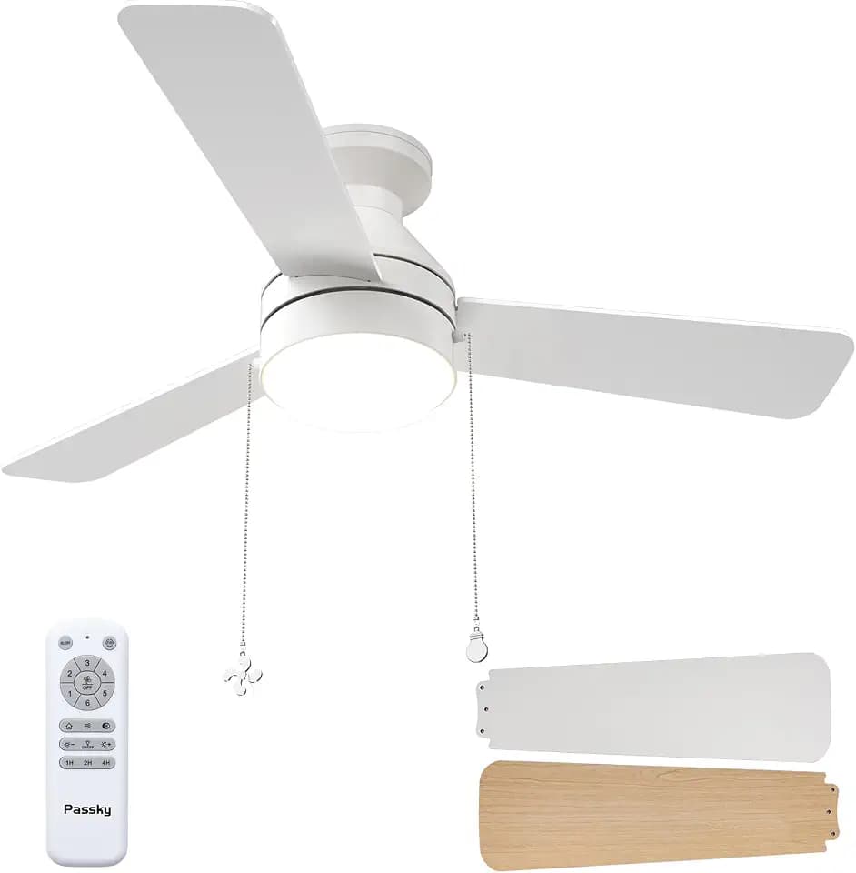 Passky 42 Inch White Low Profile Ceiling Fan with Light, Pull Chain&Remote