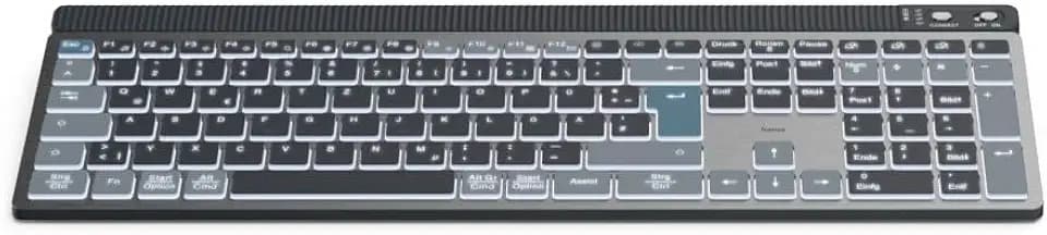Hama Tastatur kabellos (Multi Device Tastatur mit Funk/Bluetooth für PC, Smartphone, Tablet, beleuchtet, dimmbar, mit Akku, Vollformat, leise Scissortasten, Multimedia Tasten, deutsches QWERTZ-Layout)