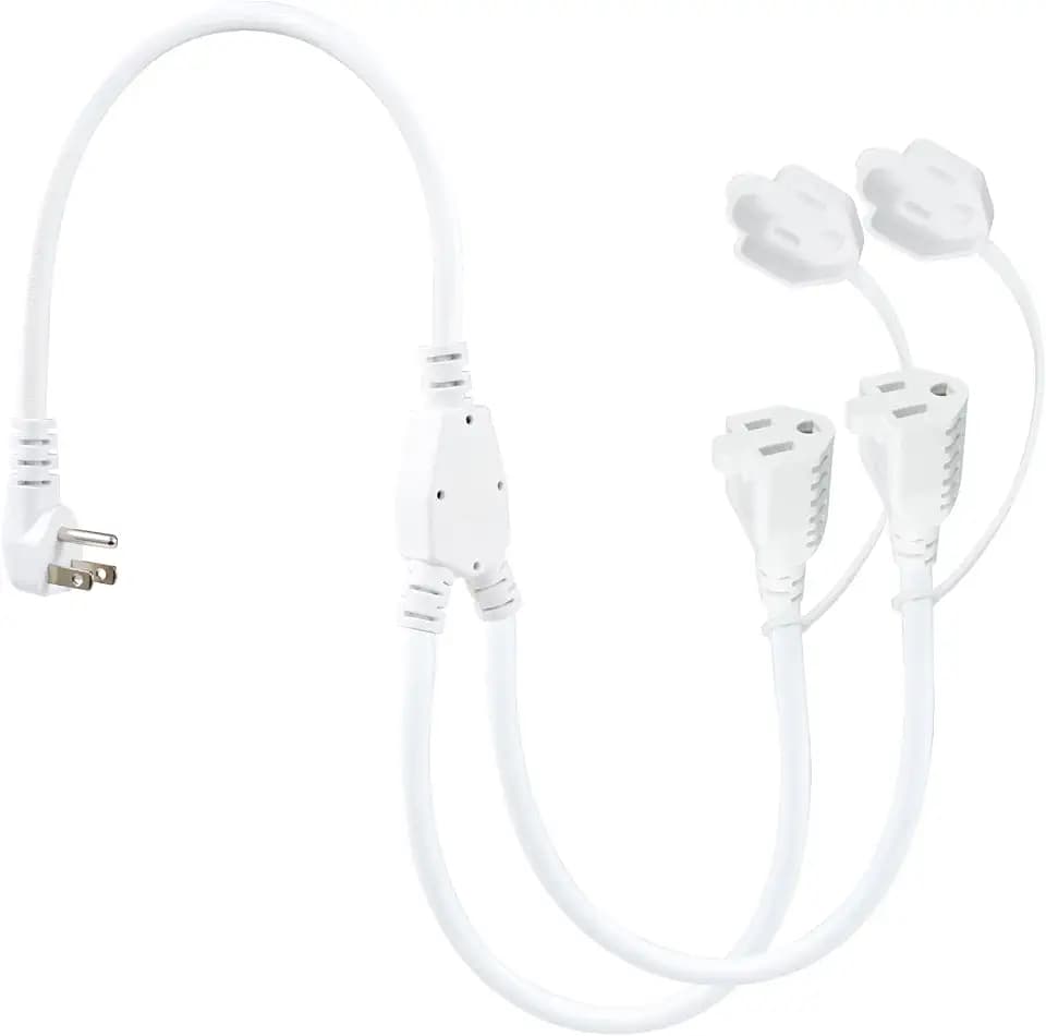 2FT Power Cord Extension 2Way Splitter -Y Splitter Extension Cord,3Prong Double Outlet Power Cord,NEMA5-15P 90-Degree Flat Plug to 2 X NEMA5-15R,SJTW 16AWG,White Space Saver for Kitchen Home Office