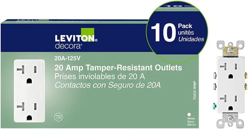 Leviton M02-T5825-Wmp 20a 125v White Decora Tamper Resistant Outlets 10 Count