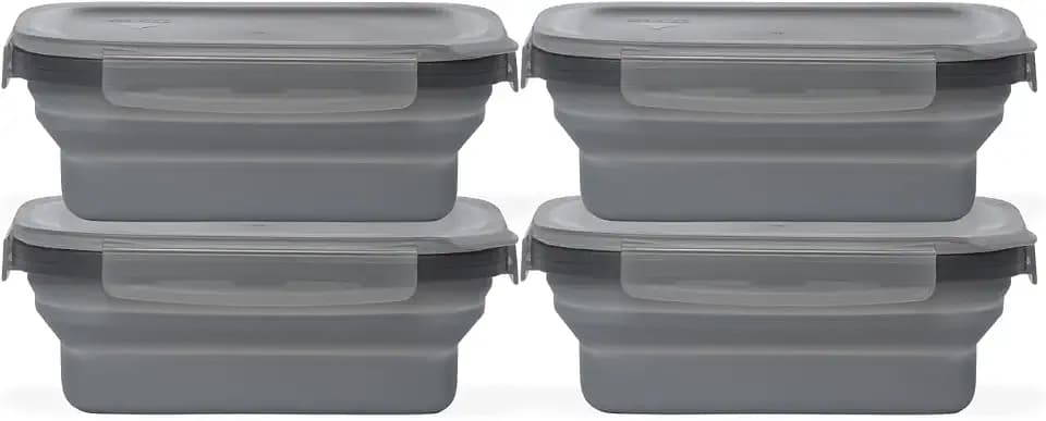 Drip EZ Secondz Collapsible Food Storage Containers – Set of 4, Space-Saving Airtight Meal Prep & Leftover Containers – Microwave, Freezer & Dishwasher Safe, BPA-Free, Locking Lids – Charcoal