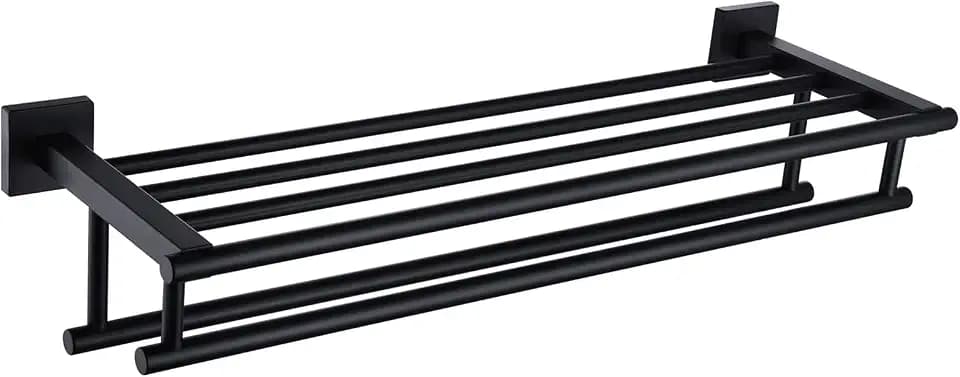 KOKOSIRI Bath Towel Rack with Double Towel Bars Bathroom Towel Shelf 24 Inch Towel Holder Wall Mounted Stainless Steel, Matte Black, B6005BK-L24