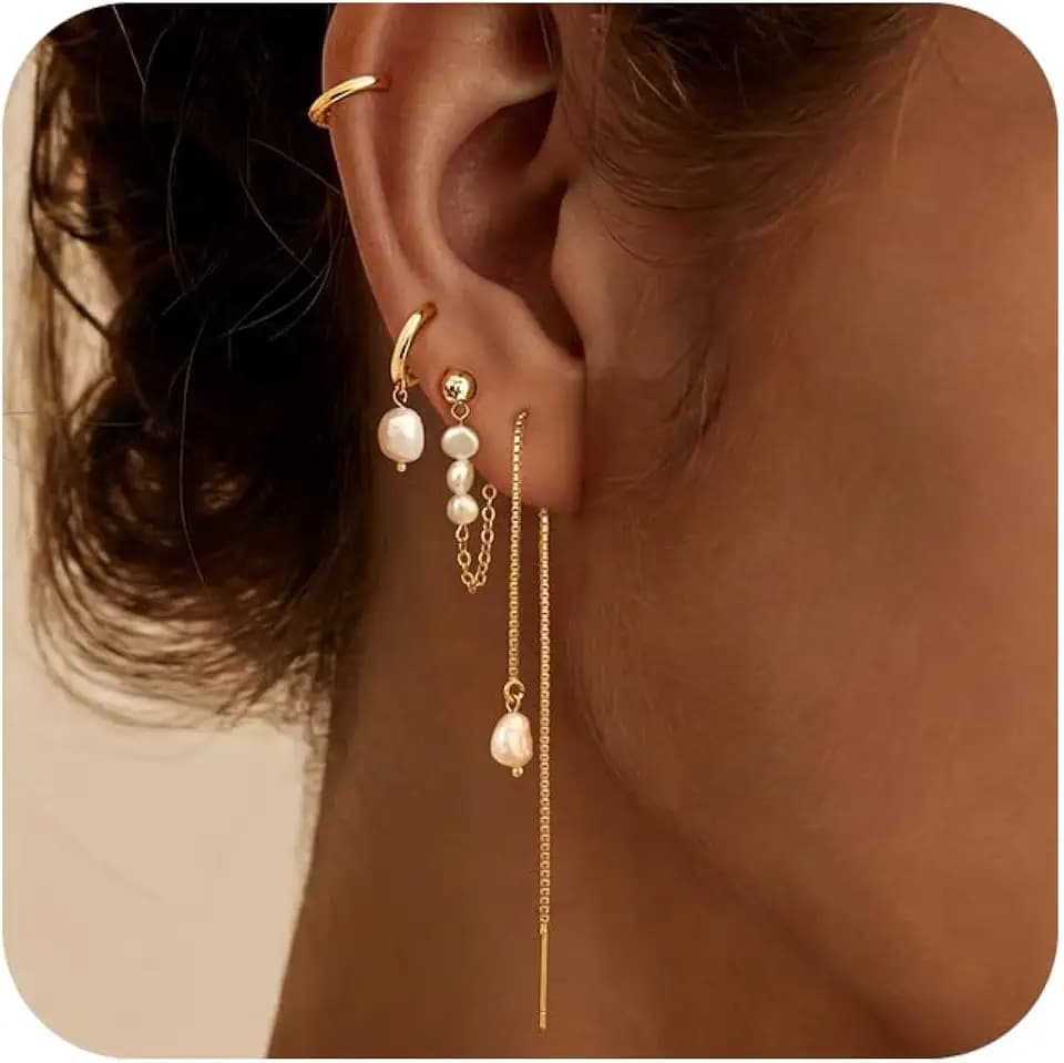 Moodear Gold Earrings for Women, 14K Plated Pearl Huggie Hoop Drop Jewelry