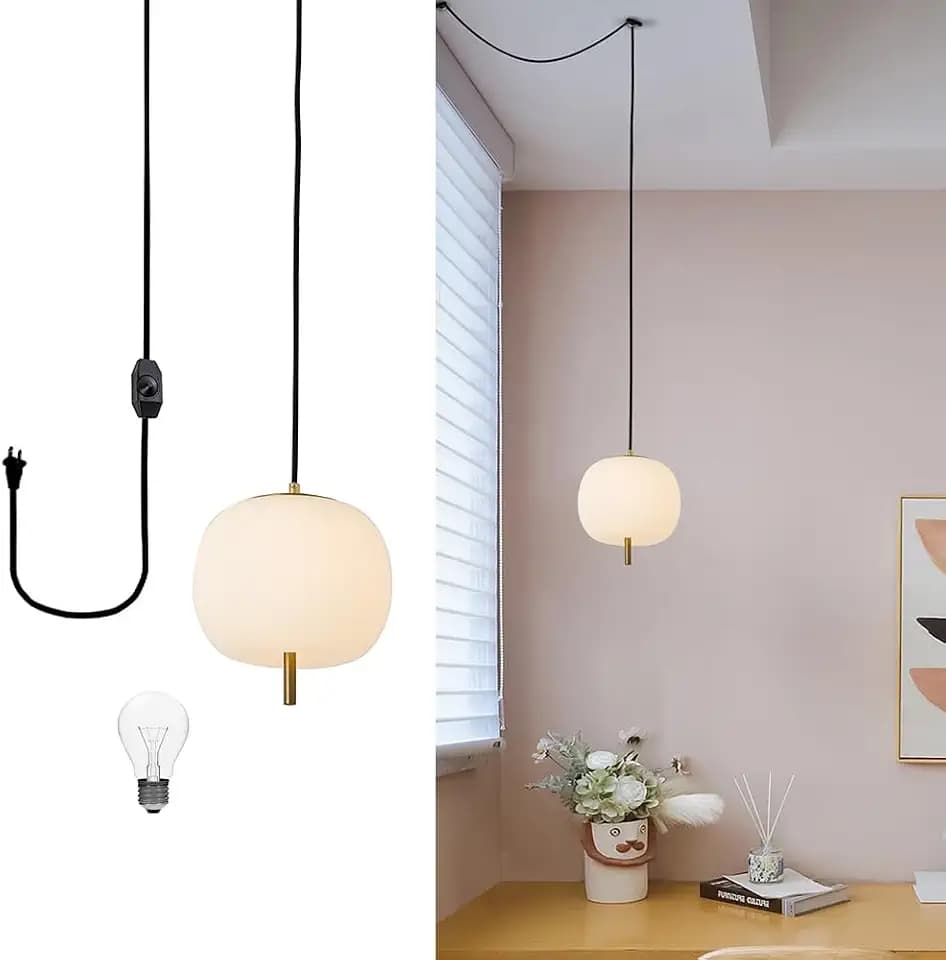 16ft Mid Century Pendant Light Fixture, White Frosted Glass Globe Hanging Light with Dimmable Switch and Plug for Kitchen Island, Dining Room, Bedroom Room, Living Room