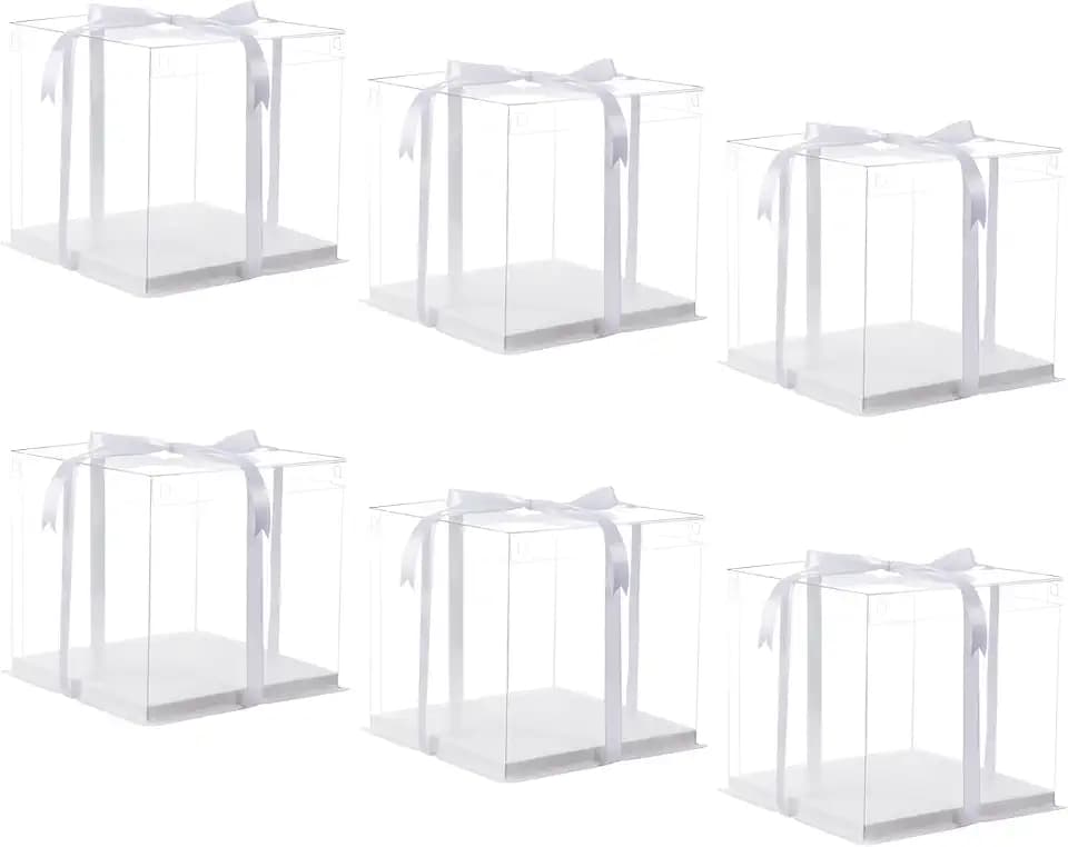 XININSUN 10 inch Clear cake Box, Large Transparent cake Box,tall cake boxes with Ribbon,10x10x9inch - Suitable for packing 8" or 10" cakes,Clear Gift Display Box for Carry Tall Layer Gift-6Pcs-White