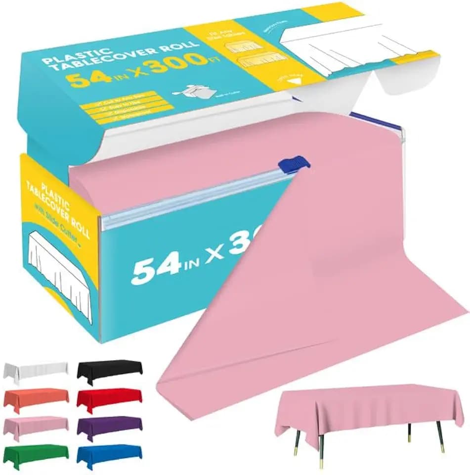 Niuara Pink Plastic Table Cover Roll - 54IN x 300FT, Table Cloth for Rectangle Table with Slide Cutter, Plastic Table Cloth Disposable with Cut-to-Size Design for Weddings, Banquets, Parties