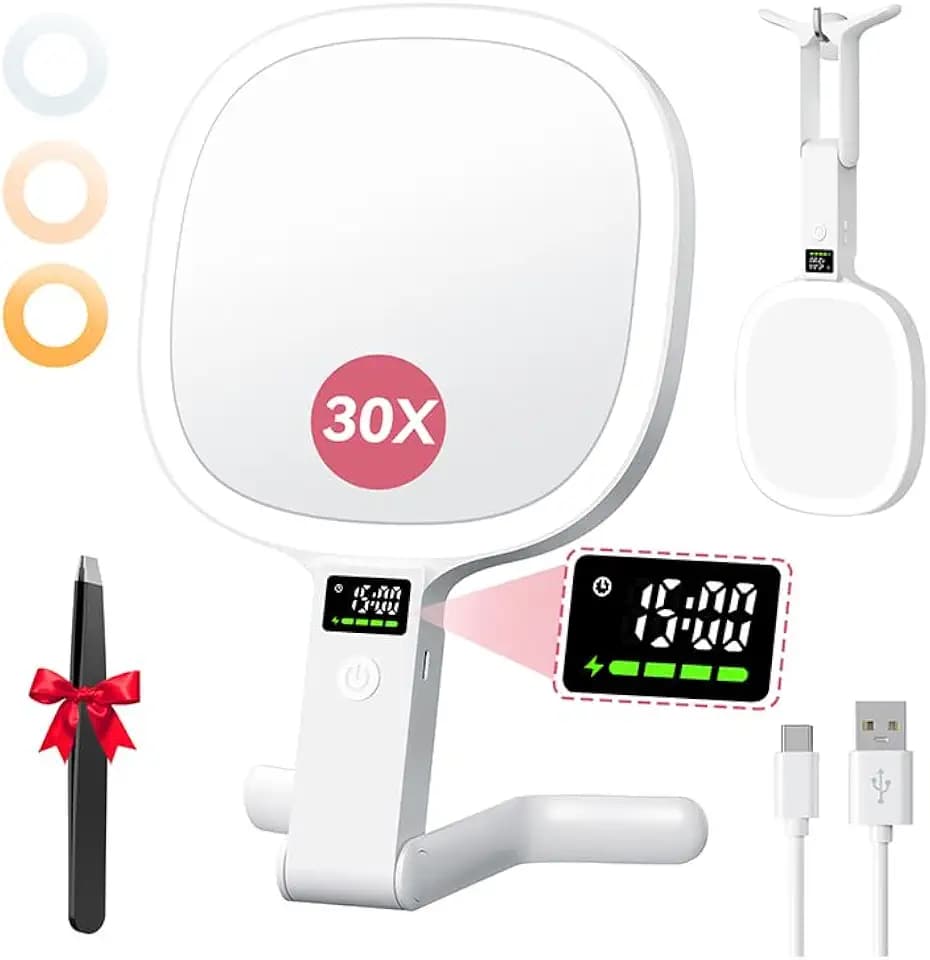 Auxmir 30X/1X Travel Makeup Mirror with Lights, LED Display, 3 Color Modes