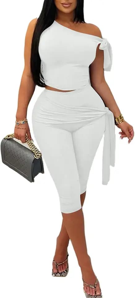 Vssjavun Women 2 Piece Outfit One Shoulder Crop Top Capri Pant Set