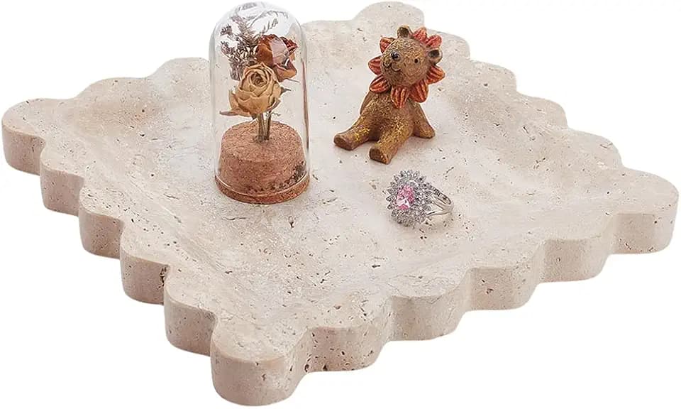 Natural Rectangular Travertine Tray 7.80x7.80xInch Vintage Lace Texture Dressing Table Decorative Tray Perfume Jewelry Decorative Dish for Kitchen Counter Bathroom Vanity Dresser