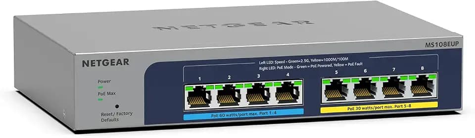 NETGEAR 8-Port Ultra60 PoE Multi-Gigabit Ethernet Unmanaged Network Switch (MS108UP): mit 4 PoE++ und 4 PoE+bei 230 W, Desktop- oder Wandbefestigung und Service über die gesamte Nutzungsdauer