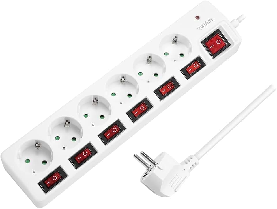 LogiLink LPS250 - 6-Fach Steckdosenleiste (Schutzkontakt) - CEE 7/3, mit 6X EIN/Aus Schalter mit ?berspannungsschutz und eingebautem Safety Shutter (erh?hter Ber?hrungsschutz), Wei?