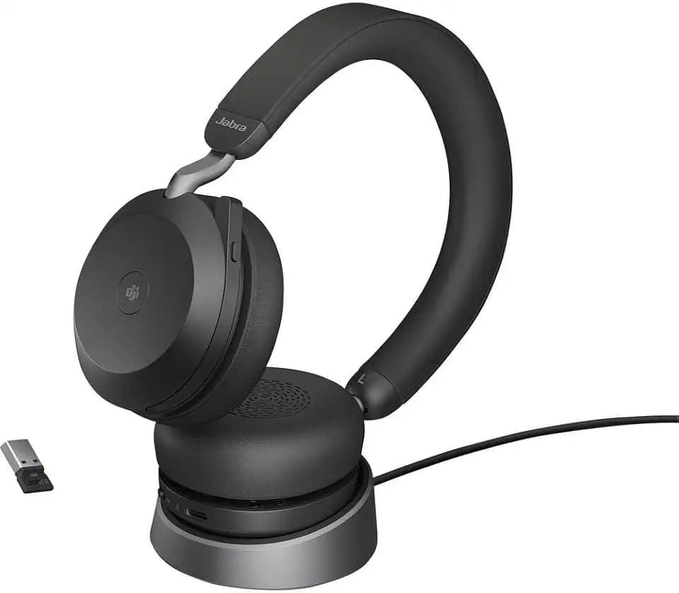 Jabra Evolve2 75 Wireless PC Headset mit Ladedock, 8-Mikro-Technologie - Dual-Foam-Stereo-Kopfhörer mit moderner aktiver Geräuschunterdrückung, USB-A Bluetooth-Adapter und MS-Kompatibilität - Schwarz