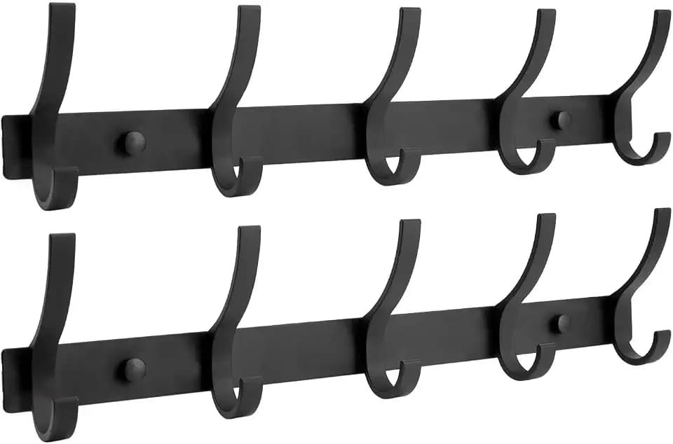 Optish Coat Rack Wall Mount, Coat Hook Wall Mount, Wall Hooks for Hanging, Hat Rack for Walls, Coats Hanger with 10 Hook, Towel Hooks for Bathrooms (2 Pack, Black)