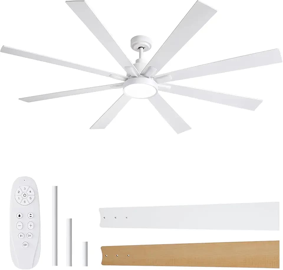 72 Inch White Ceiling Fans with Lights and Remote Control, Large