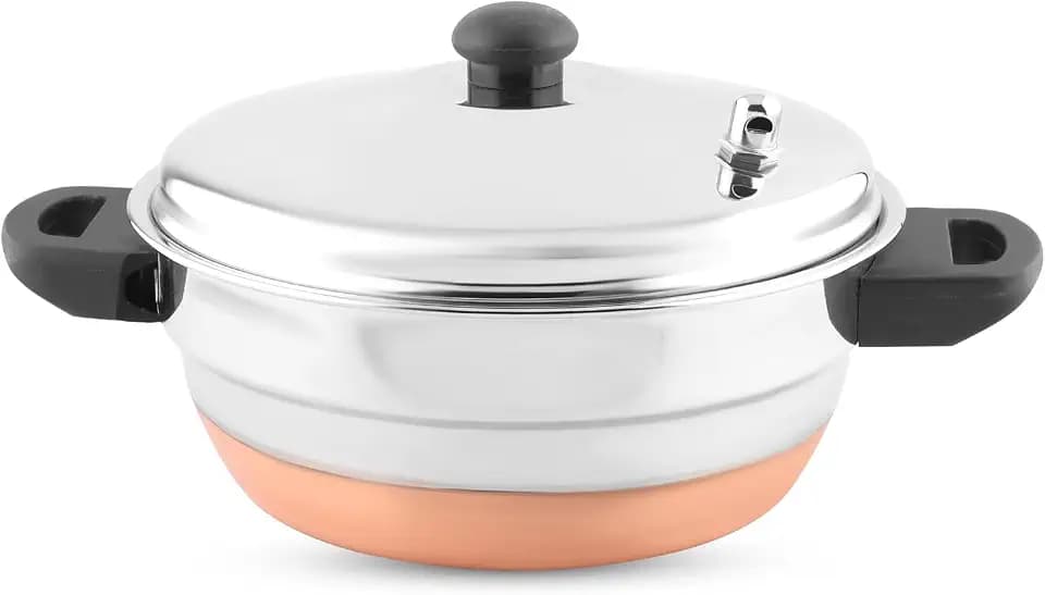 KSJONE All in One Copper Bottom Idli Cooker 4 pcs Multi Kadai with Stainless Steel lid, 2 idli Plates (10 Idlis) 1 Steamer and 1 Idli Spoon with Whistle, Silver