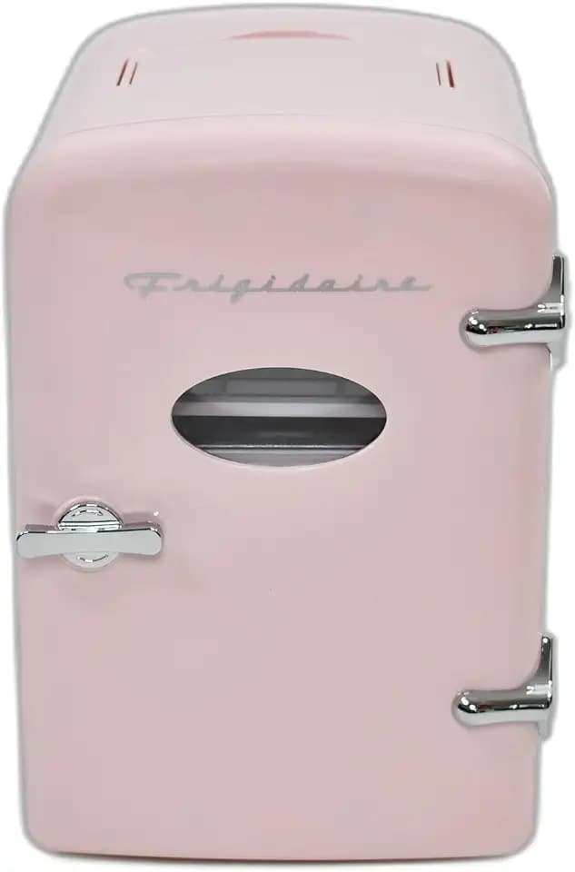 Frigidaire Pink Mini Personal Fridge Cooler, 1 Gal Capacity fits Six Cans, Includes Plugs for Home Outlet & DC Charger - 9.84" D x 7.09" W x 10.35" H