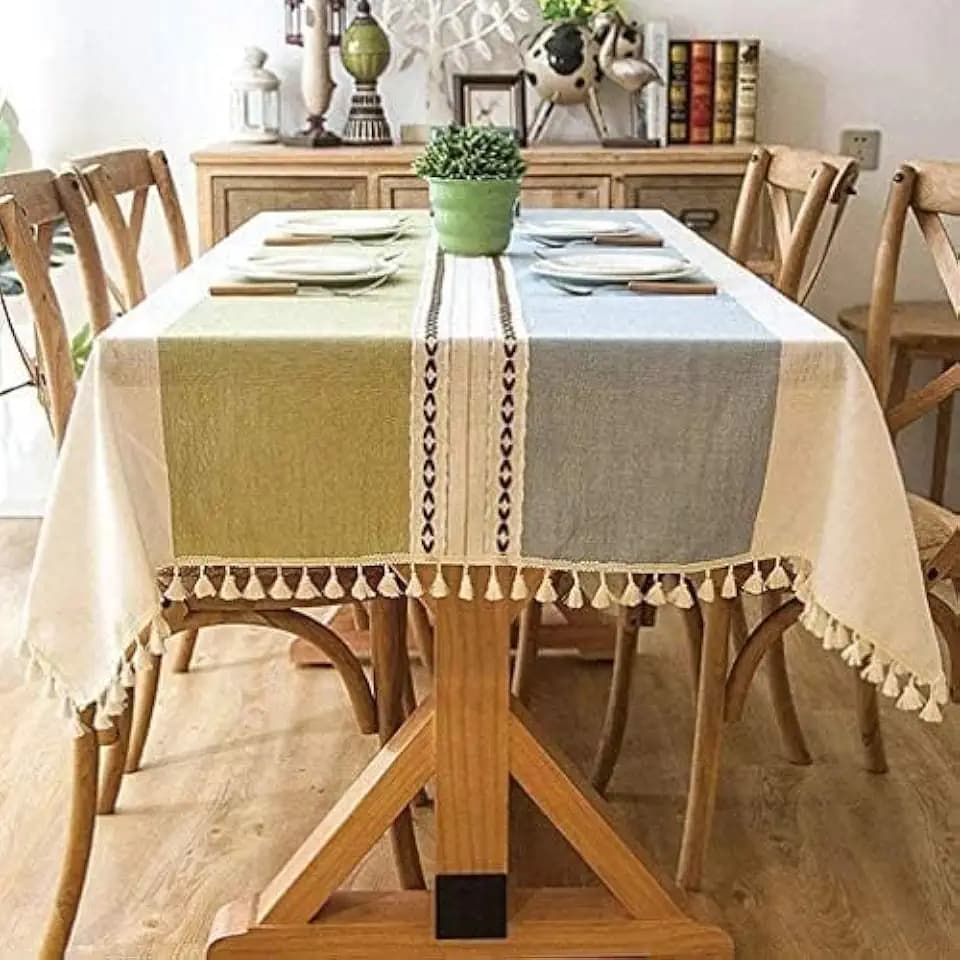 Pahajim Cotton Linen Tablecloth with Tassels Light Blue Green 87 x 55 inch