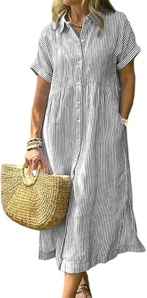 utcoco Womens Striped Midi Dresses Summer Casual Vacation Short Sleeve Button Down Shirt Dresses (Medium, Grey)