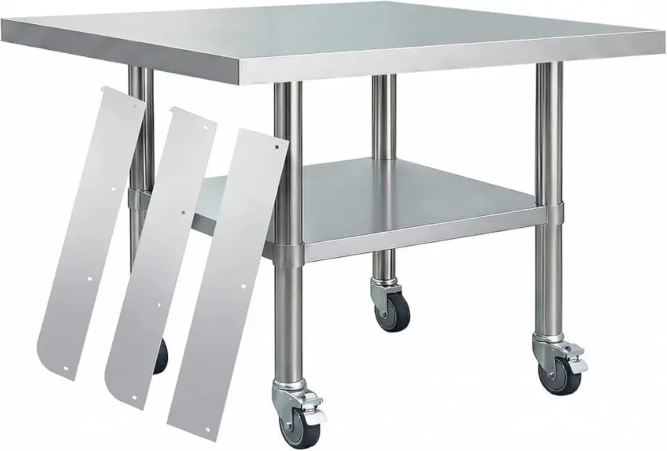 Moveable Workbench,Stainless Steel Work Table with Wheels,Commercial Food Prep Workbench, Detachable 3-Sided Backsplash & Height-Adjustable Shelf, Heavy Duty for Kitchen, Restaurant, Garage
