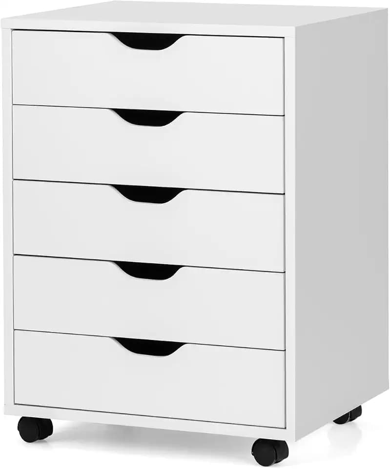5 Drawers File Storage Cabinet, 26.5" Vertical Filling Cabinet for Home Office, Under Desk Office Drawer Organizer, Universal & Lockable Casters, Rolling Printer Storage Rack (White)